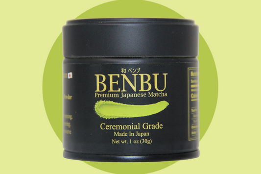 benbu matcha tin with a green vibrant background