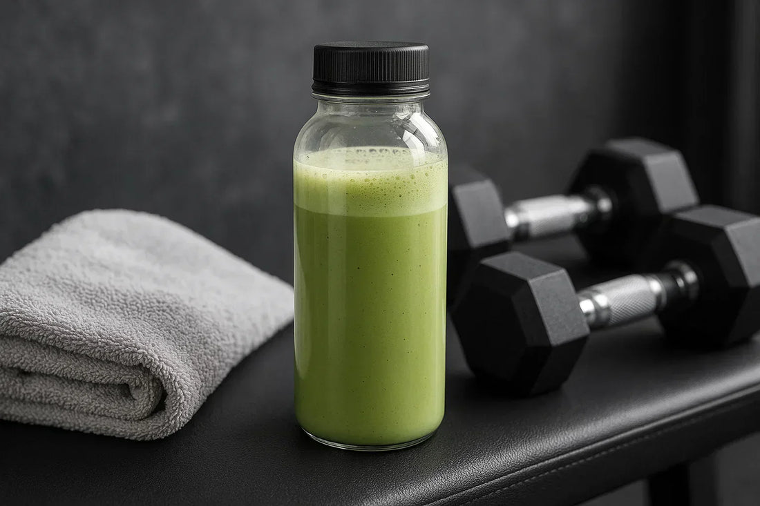 Premium BENBU matcha protein shake on a gym bench with towel and dumbbells, matcha powder in the air