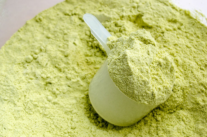 Close-up scoop filled with pale green powder