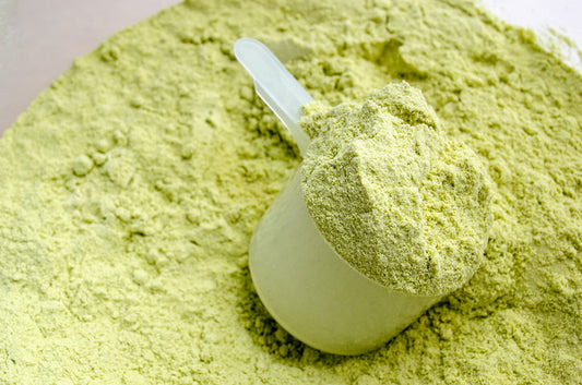 Close-up scoop filled with pale green powder