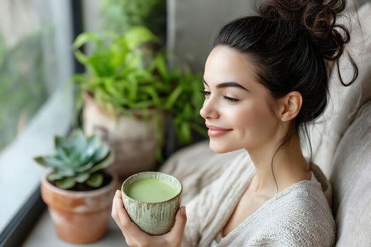 A relaxed woman holding a cup of BENBU matcha near a window, surrounded by greenery.