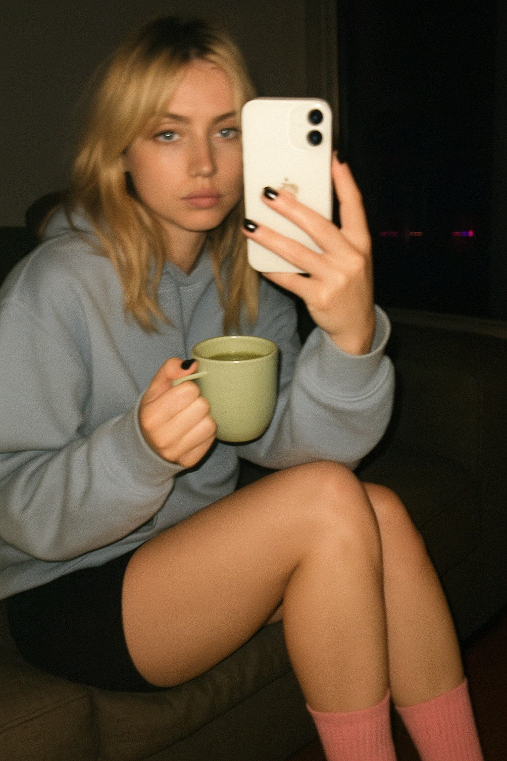 girl taking a selfie while holding a mug of Benbu matcha in a dark room.