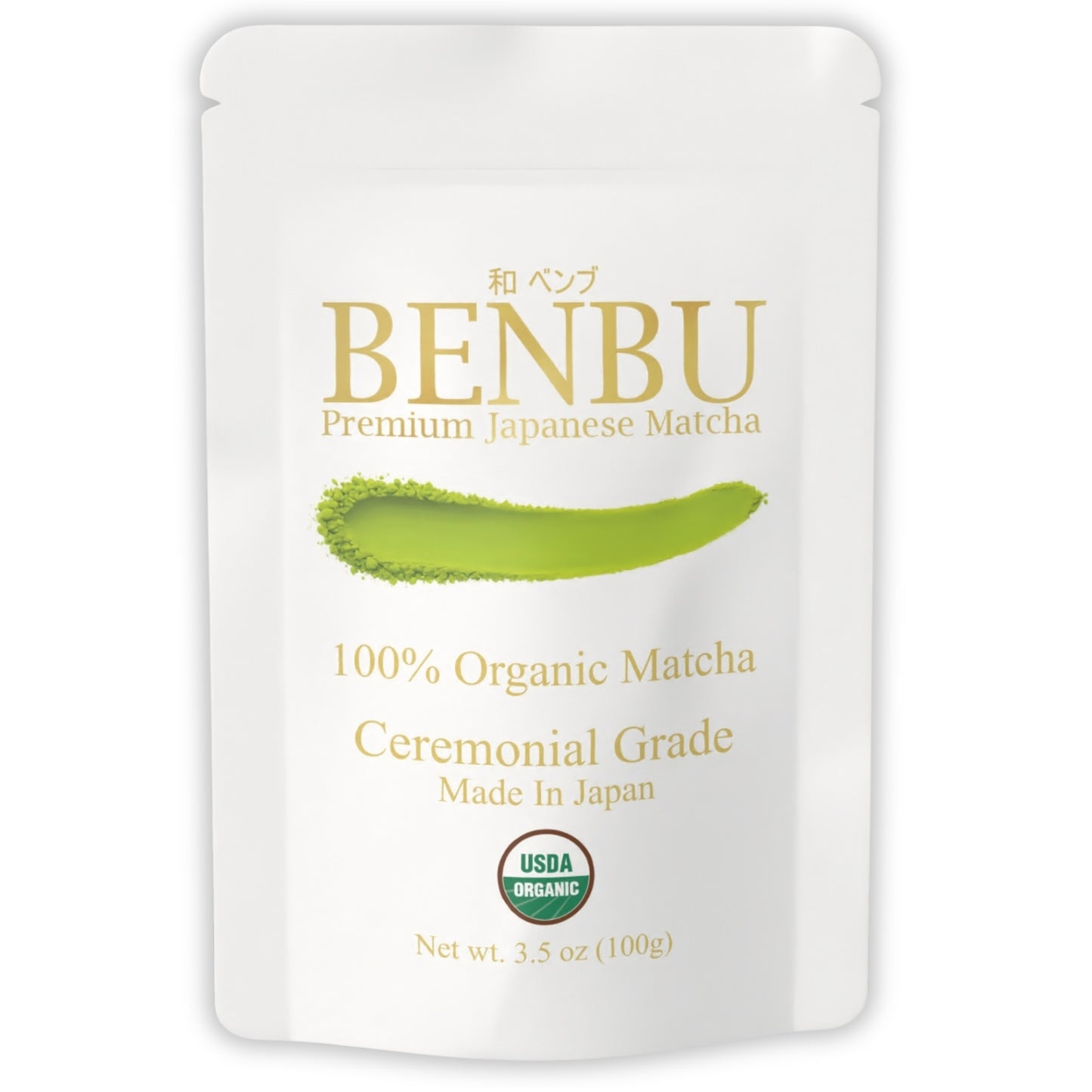 BENBU Organic Premium Japanese Matcha Powder 100 g Bag on white background