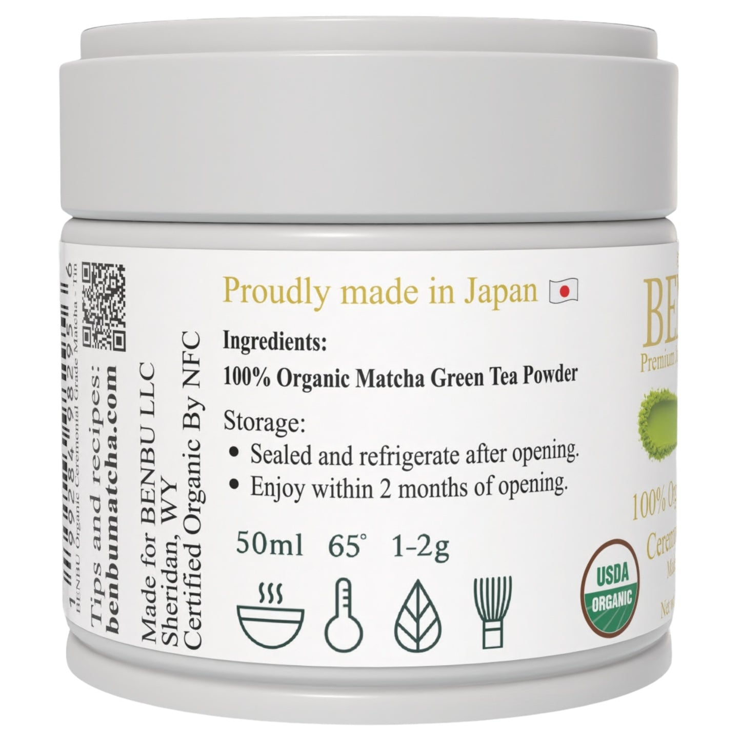 BENBU Organic Premium Japanese Matcha 40g Tin – Side Label with Ingredients and Storage Instructions