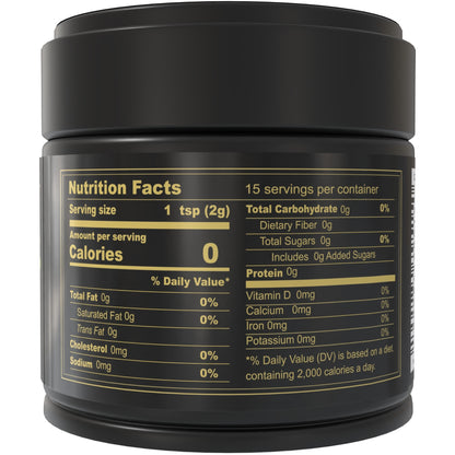 BENBU Premium Japanese Matcha 30g Tin – Back Label with Nutrition Facts