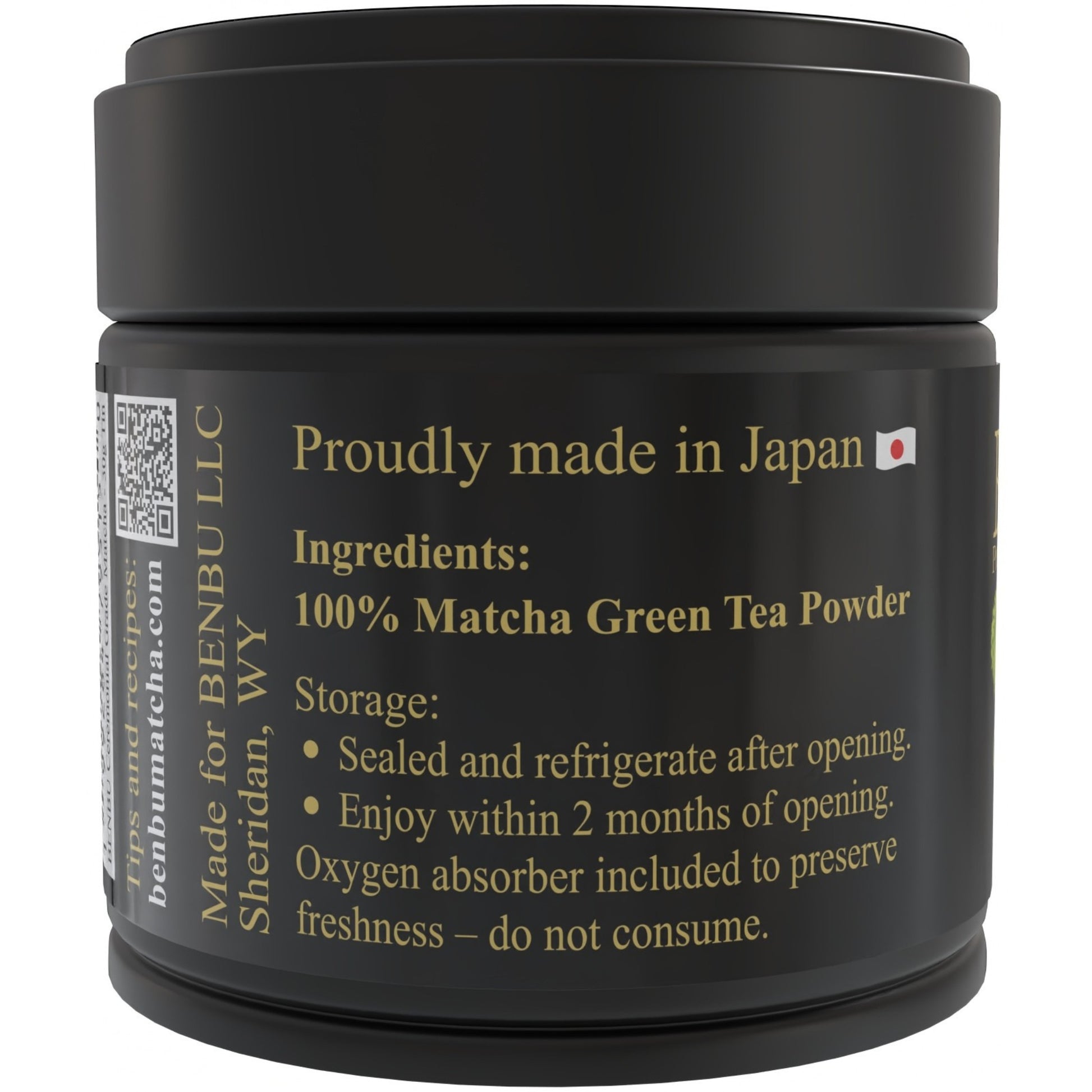 BENBU Premium Japanese Matcha 30g Tin – Side Label with Ingredients and Storage Instructions