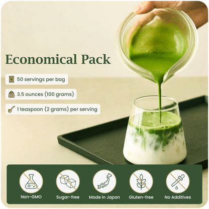 Infographic of BENBU Matcha 100 g economical pack with benefits and matcha latte pour