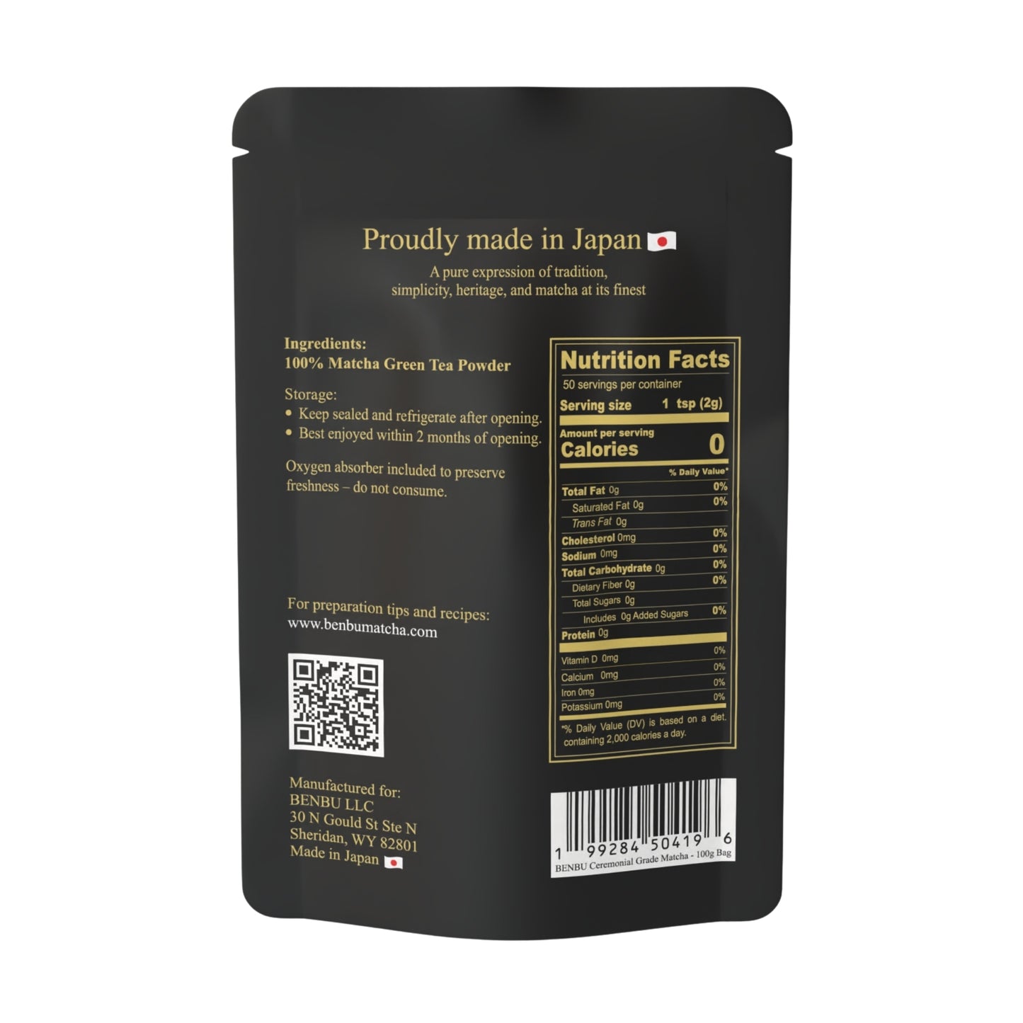 Back of BENBU ceremonial grade matcha 100 g bag showing ingredients, storage instructions, and nutrition facts