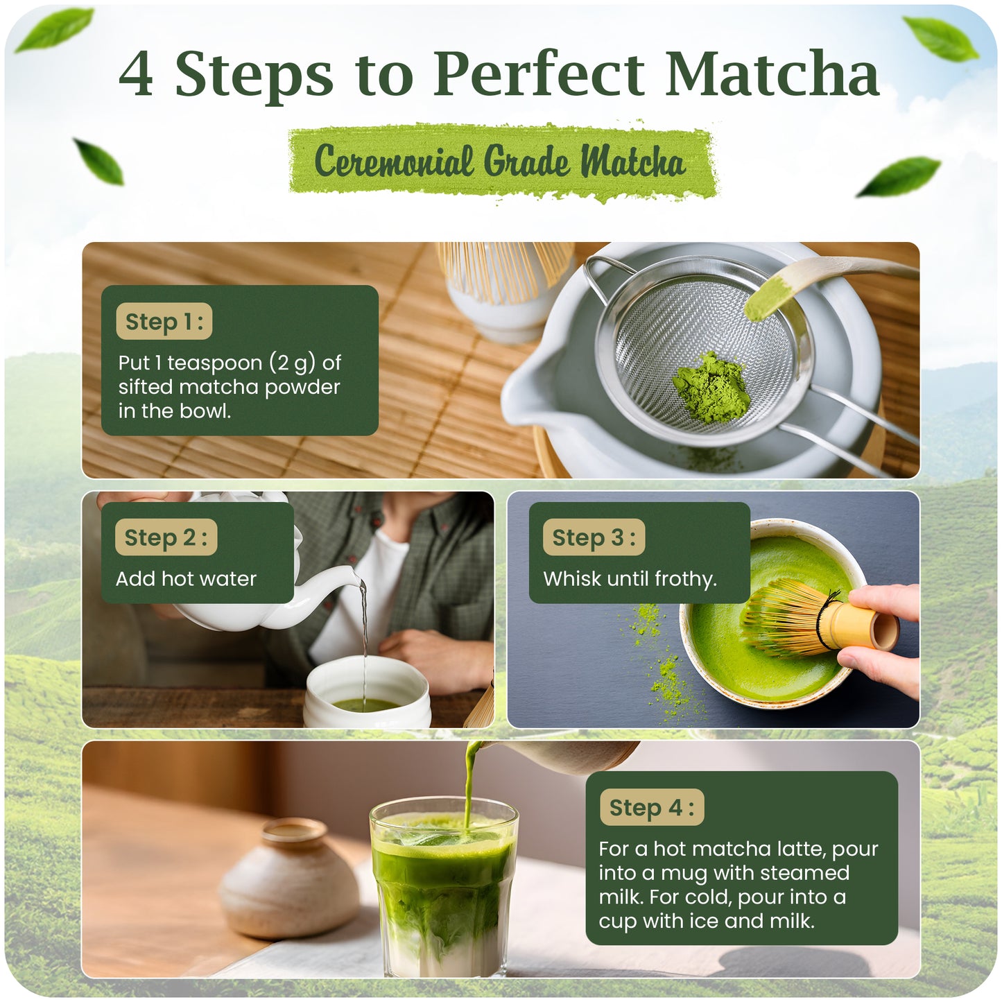 4-step infographic guide to making BENBU Matcha latte with images and text