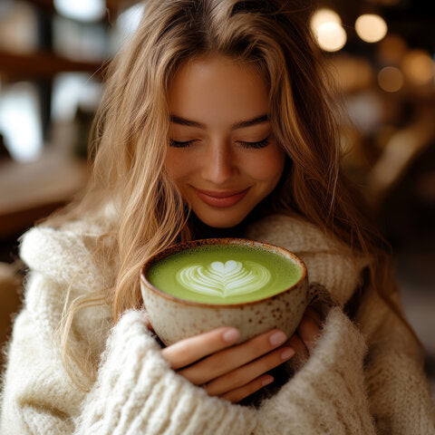 Smiling woman holding a warm BENBU Matcha latte with heart latte art in a cozy café setting