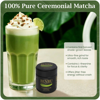 BENBU Ceremonial Grade Matcha 30g Tin next to creamy matcha drink – highlights first harvest shade-grown leaves, ultra-fine grind, and L-theanine benefits
