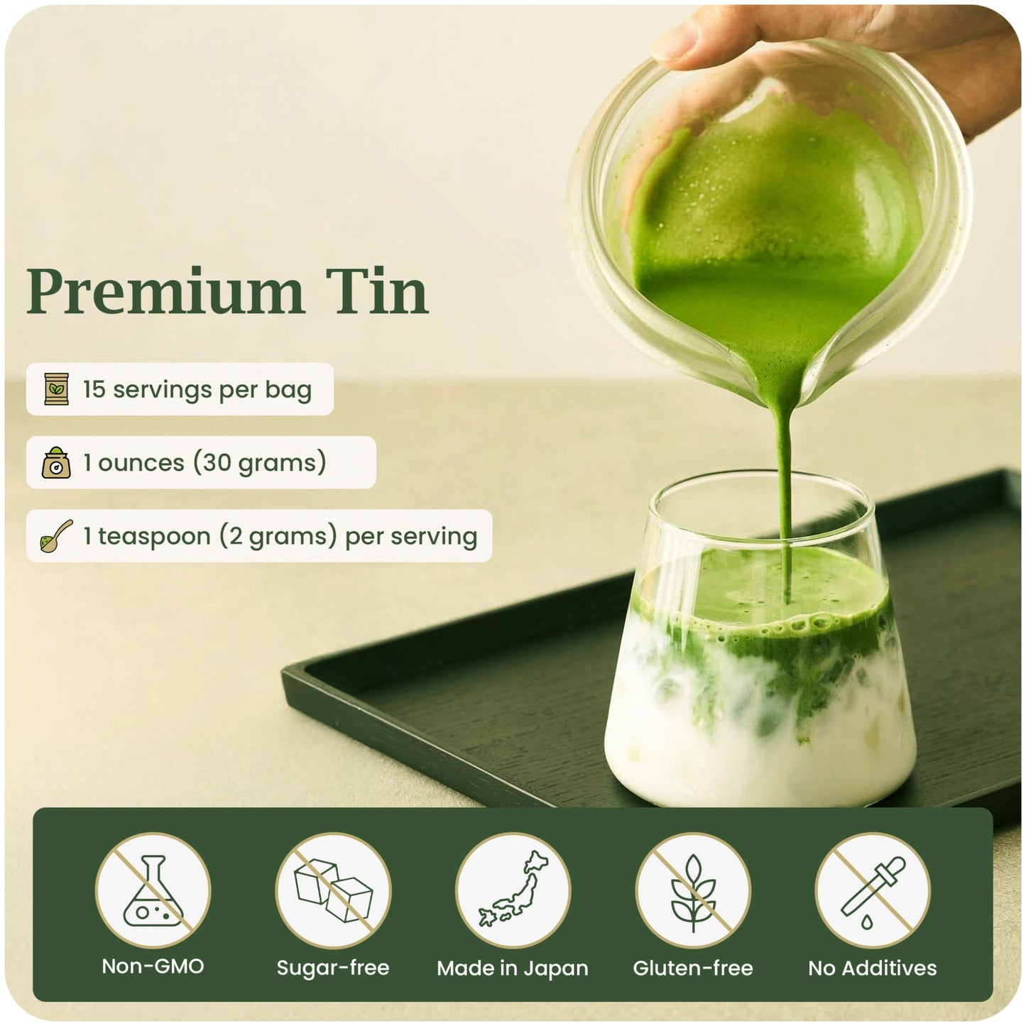 Pouring BENBU Premium Matcha 30g Tin into iced latte – non-GMO, sugar-free, made in Japan, gluten-free, no additives