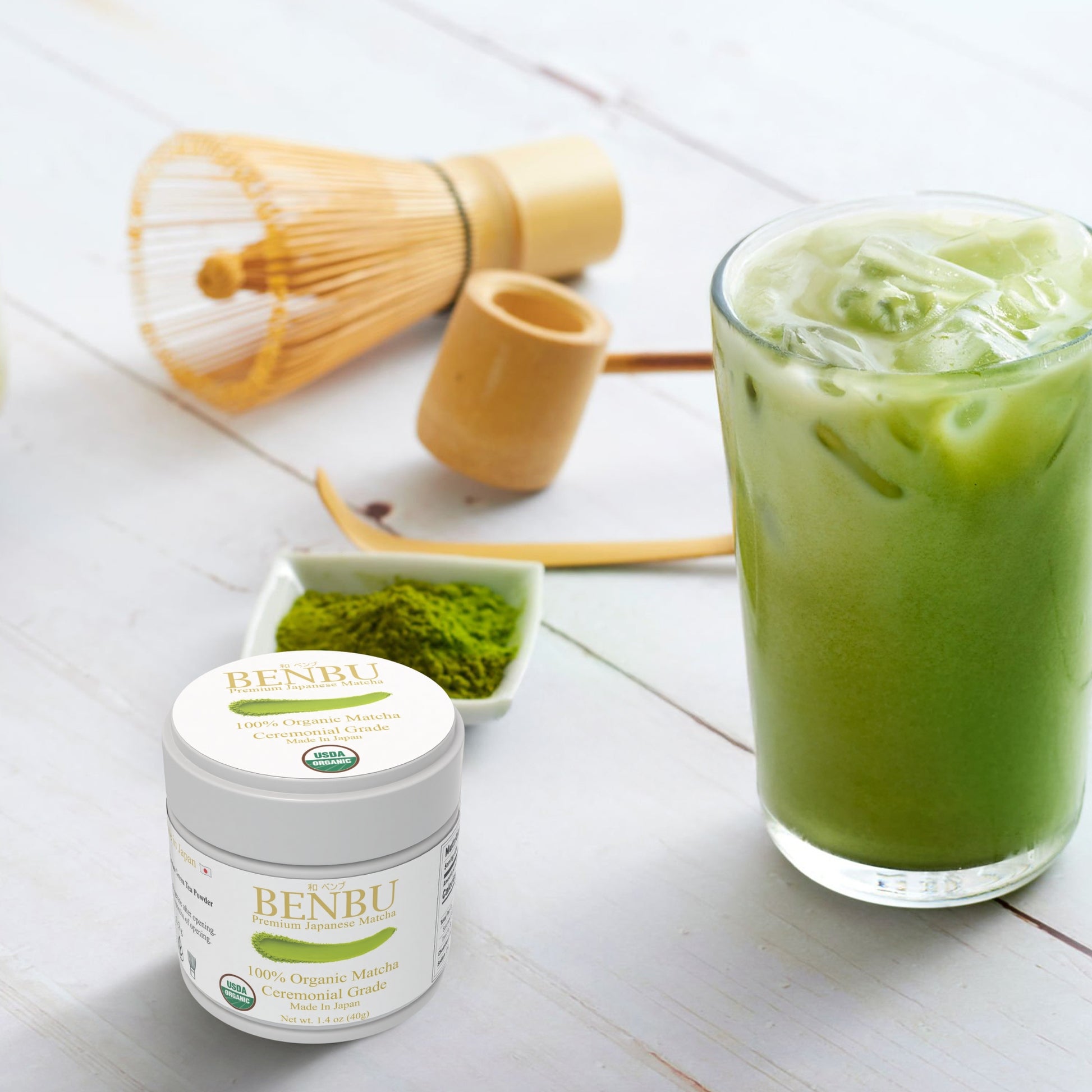 BENBU organic Ceremonial Grade Matcha 40g Tin with iced matcha latte, bamboo whisk and traditional matcha tools – premium Japanese matcha