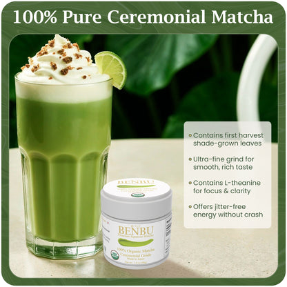 BENBU  organic Ceremonial Grade Matcha 40g Tin next to creamy matcha drink – highlights first harvest shade-grown leaves, ultra-fine grind, and L-theanine benefits