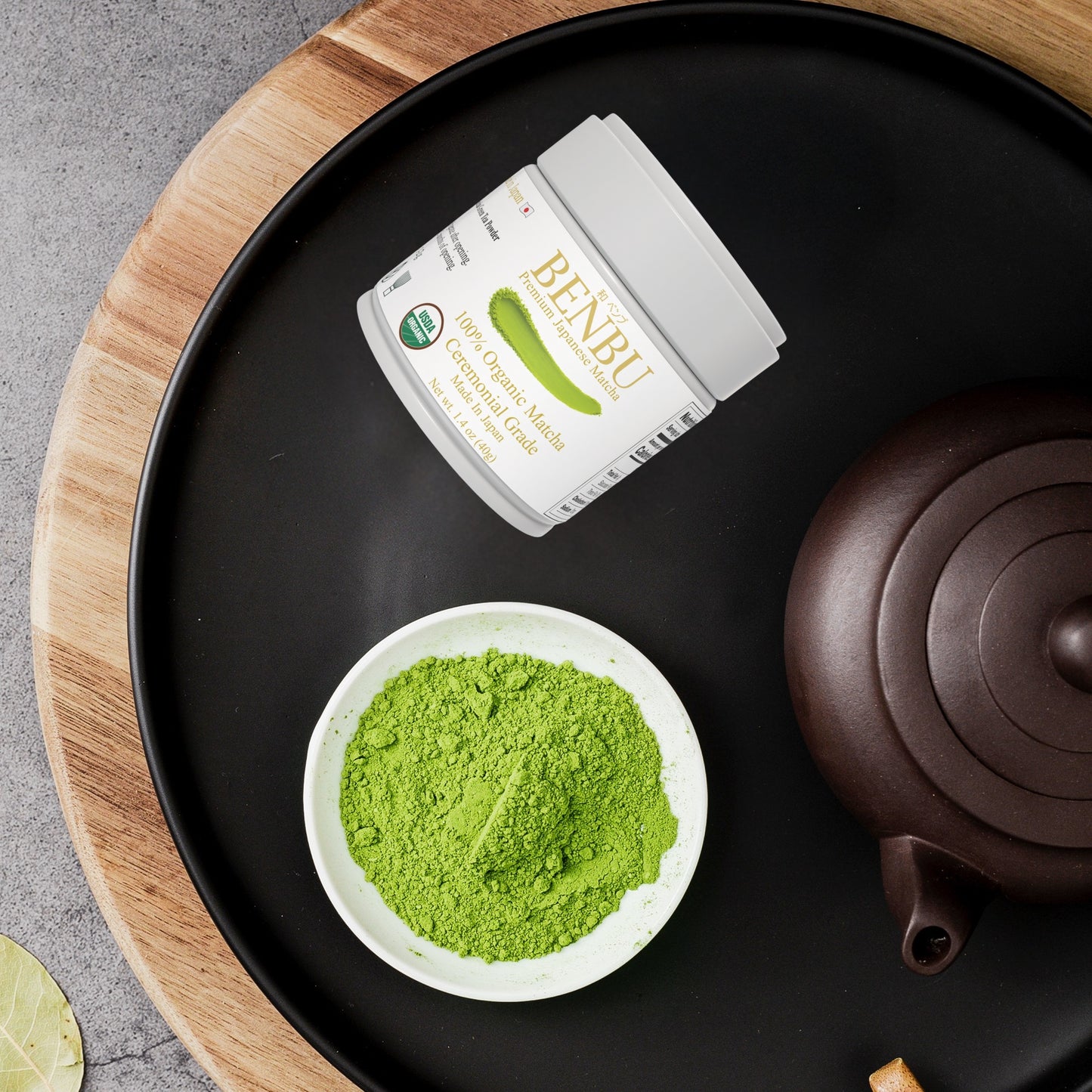 BENBU organic Ceremonial Grade Matcha 40g Tin with vibrant green matcha powder in a bowl – premium Japanese matcha